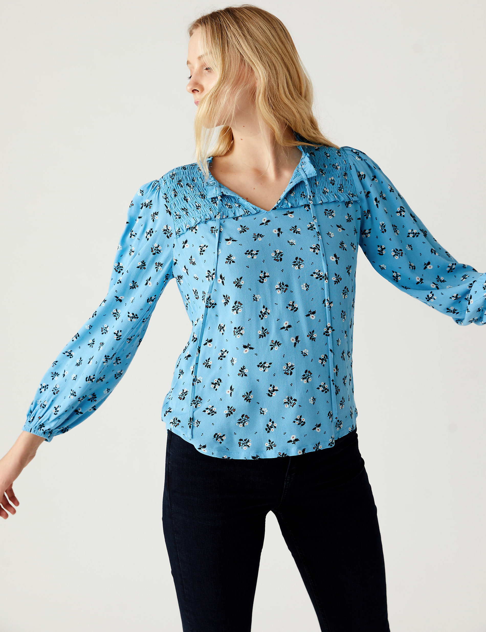 Printed Smocked Long Sleeve Popover Blouse