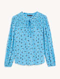 Printed Smocked Long Sleeve Popover Blouse