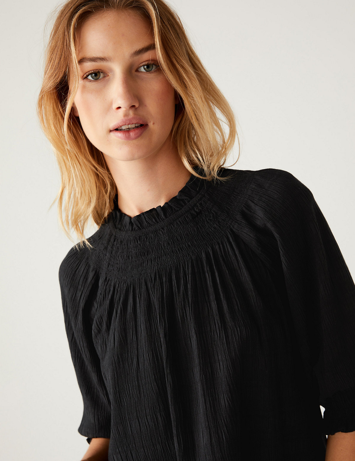 Cotton Blend Shirred Puff Sleeve Blouse