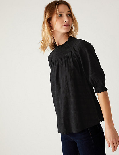 Cotton Blend Shirred Puff Sleeve Blouse