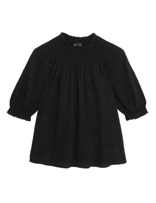 

Womens M&S Collection Cotton Blend Shirred Puff Sleeve Blouse - Black, Black