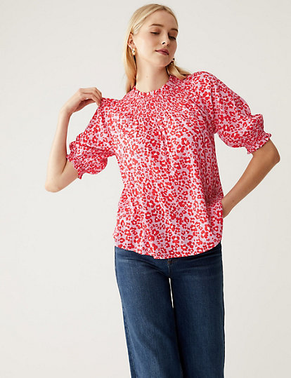 Cotton Blend Printed Shirred Blouse