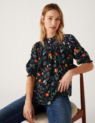 

Womens M&S Collection Cotton Blend Printed Shirred Blouse - Navy Mix, Navy Mix