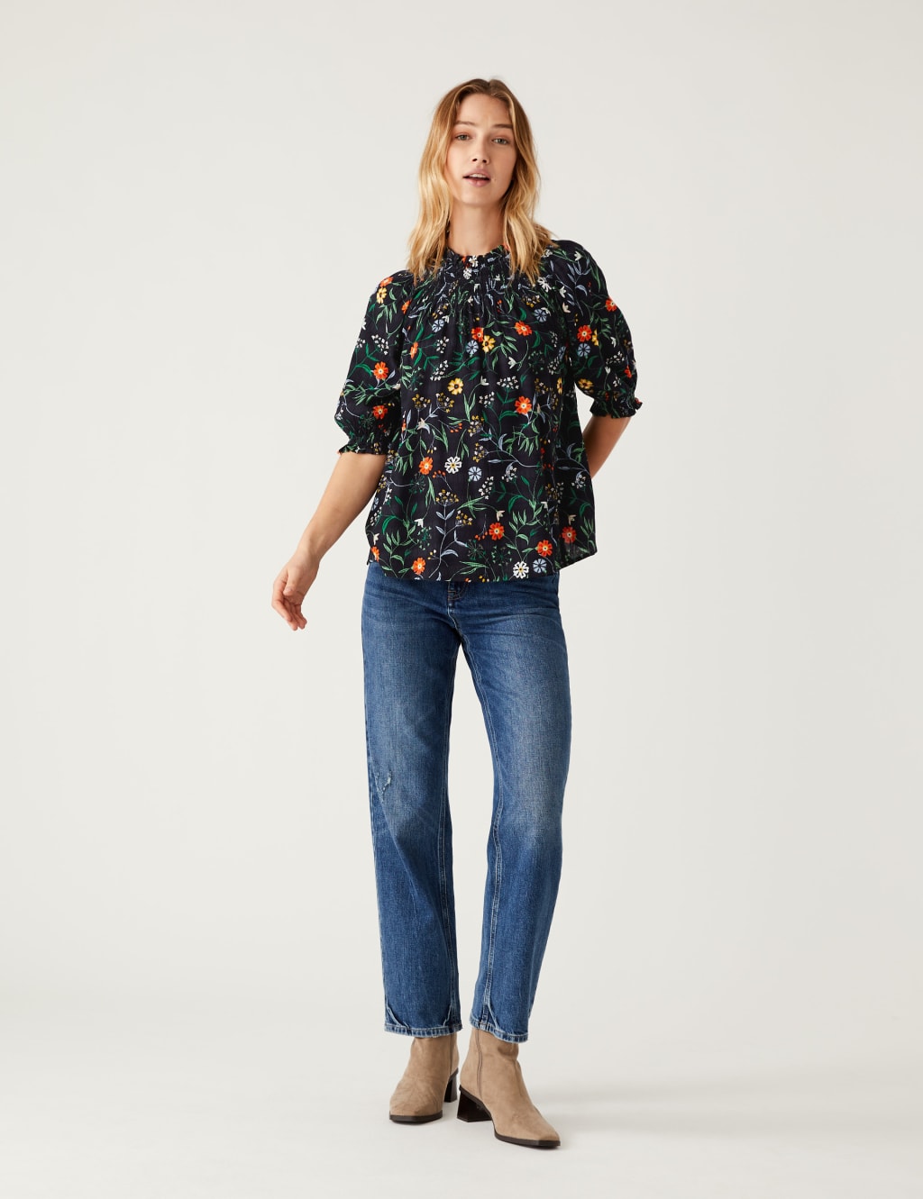 Cotton Blend Printed Shirred Blouse image 2