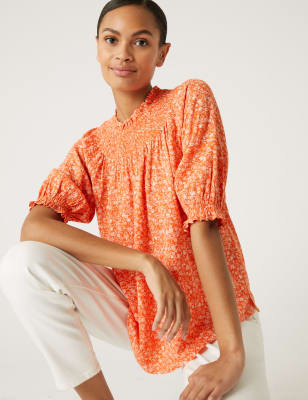 

Womens M&S Collection Cotton Blend Printed Shirred Blouse - Orange Mix, Orange Mix