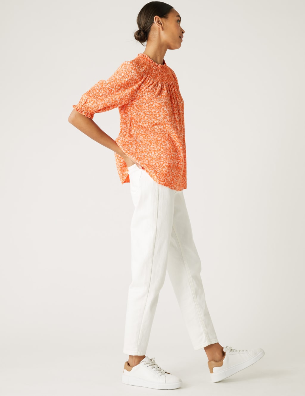 Cotton Blend Printed Shirred Blouse image 3