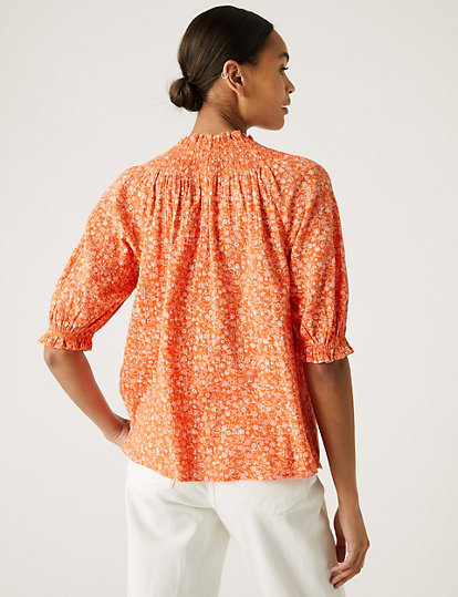 Cotton Blend Printed Shirred Blouse