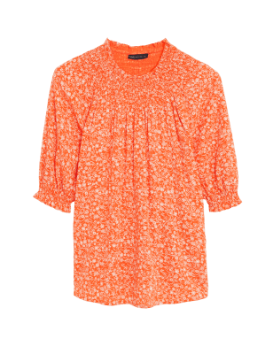 

M&S Collection Blusa fruncida estampada con algodónWomens - Orange Mix, Orange Mix