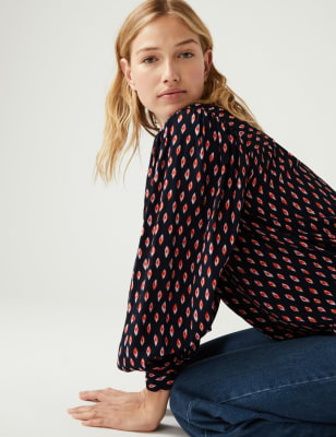 

Womens M&S Collection Printed Crew Neck Blouse - Navy Mix, Navy Mix