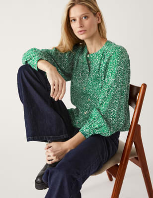 

M&S Collection Blusa estampada de escote cerrado estampadaWomens - Green Mix, Green Mix