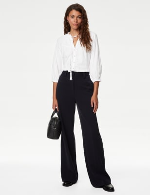 

Womens M&S Collection Cotton Rich Embroidered Tie Neck Blouse - Soft White, Soft White