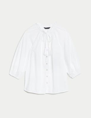Cotton Rich Embroidered Tie Neck Blouse