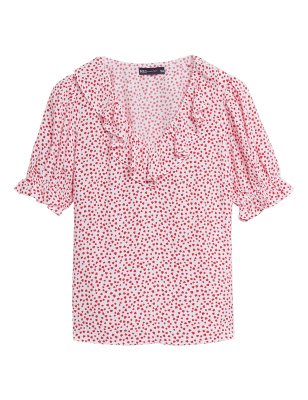 

Womens M&S Collection Heart Print V-Neck Puff Sleeve Blouse - Red Mix, Red Mix