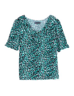 

Womens M&S Collection Bluse mit V-Ausschnitt, Herzmuster und Puffärmeln - Green Mix, Green Mix