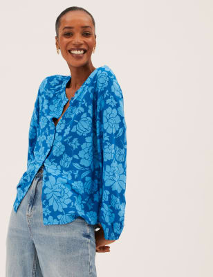 

Womens M&S Collection Printed Round Neck Long Sleeve Blouse - Blue Mix, Blue Mix