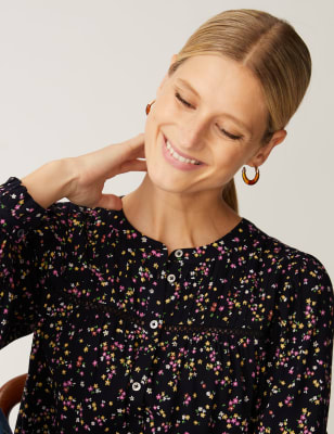 

Womens M&S Collection Floral Crew Neck Lace Insert Blouse - Black Mix, Black Mix