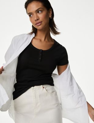 M&S Womens Cotton Rich Short Sleeve Henley Top - 8 - Black, Black,Soft White