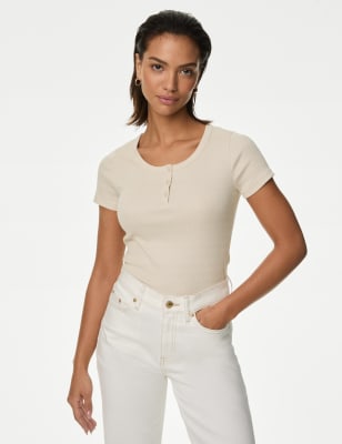 Cotton Rich Ribbed Henley Top