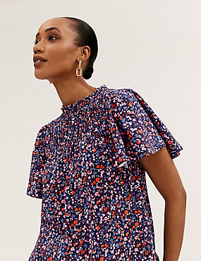 Pure Cotton Floral Shirred Short Sleeve Top