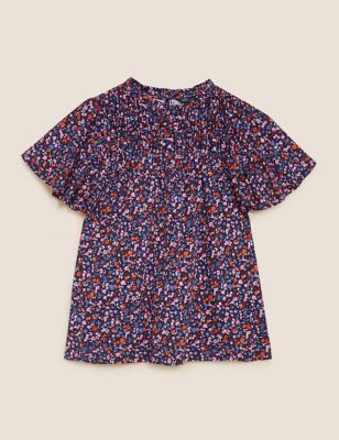 vendedor Memorándum Hacer la cena Pure Cotton Floral Shirred Short Sleeve Top | M&S Collection | M&S