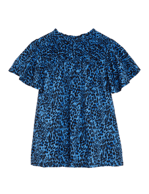 

Womens M&S Collection Gesmoktes Kurzarmoberteil aus reiner Baumwolle mit Blumenmuster - Blue Mix, Blue Mix