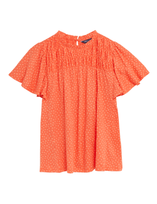 

Womens M&S Collection Pure Cotton Floral Shirred Short Sleeve Top - Orange Mix, Orange Mix
