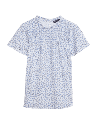 

Womens M&S Collection Pure Cotton Floral Shirred Short Sleeve Top - White Mix, White Mix