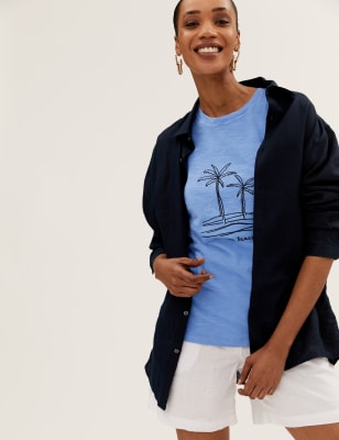 

Womens M&S Collection Kurzarm-Oberteil aus reiner Baumwolle mit Stickerei - Blue Mix, Blue Mix