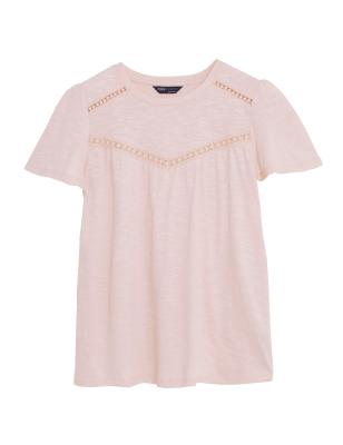 

Womens M&S Collection Pure Cotton Broderie Short Sleeve Top - Pink Shell, Pink Shell