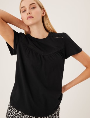 

Womens M&S Collection Pure Cotton Broderie Short Sleeve Top - Black, Black