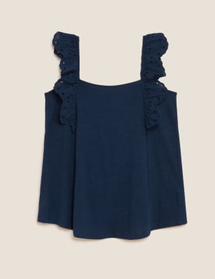 

Womens M&S Collection Pure Cotton Broderie Sleeveless Vest Top - Navy, Navy