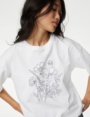 M&S Womens Pure Cotton Embroidered T-Shirt - 10 - White Mix, White Mix