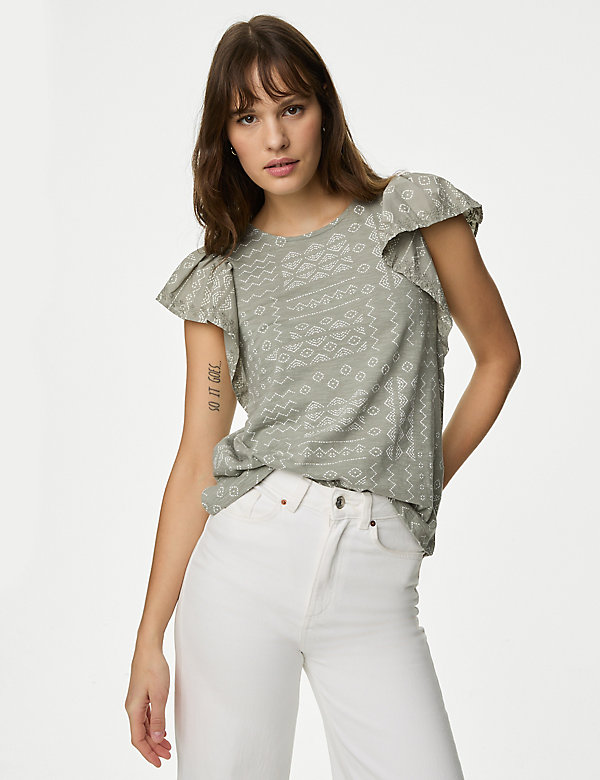 Pure Cotton Printed Embroidered Top - NZ