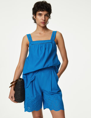 

Womens M&S Collection Trägeroberteil aus reiner Baumwolle mit Stickerei - Lagoon, Lagoon