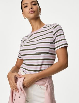 M&S Womens Pure Cotton Striped T-Shirt - 6 - Pink Mix, Pink Mix,Navy Mix,Yellow Mix