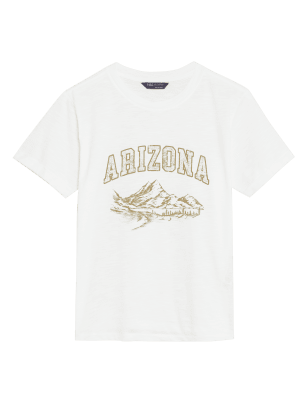 

Womens M&S Collection T-Shirt aus reiner Baumwolle mit Schriftzug „Arizona“ - White Mix, White Mix
