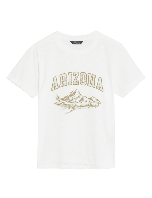 

Womens M&S Collection Pure Cotton Arizona Slogan T-Shirt - White Mix, White Mix