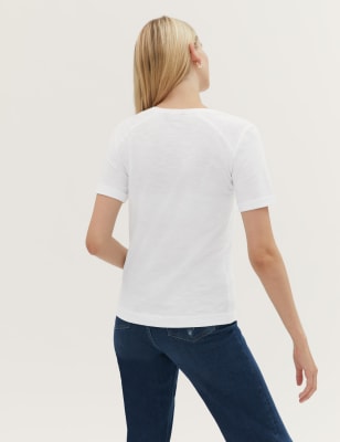 

Womens M&S Collection Kurzarm-T-Shirt aus reiner Baumwolle mit U-Ausschnitt - Soft White, Soft White