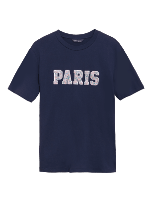 

Womens M&S Collection Pure Cotton Sequin Floral Crew Neck T-Shirt - Navy, Navy