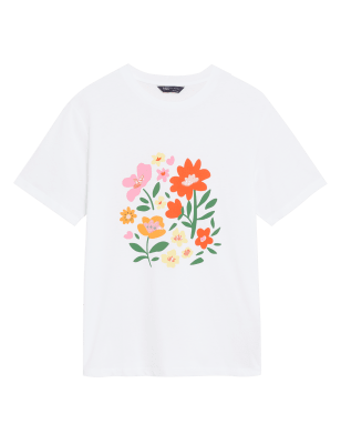 

Womens M&S Collection Geblümtes T-Shirt aus reiner Baumwolle mit Rundhalsausschnitt und Pailletten - White Mix, White Mix