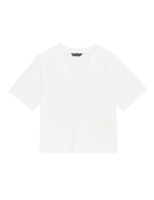 

Womens M&S Collection Pure Cotton V-Neck Crop T-Shirt - Soft White, Soft White