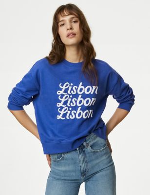 M&S Women's Pure Cotton Slogan Sweatshirt - Blue Mix, Blue Mix,White Mix,Khaki Mix
