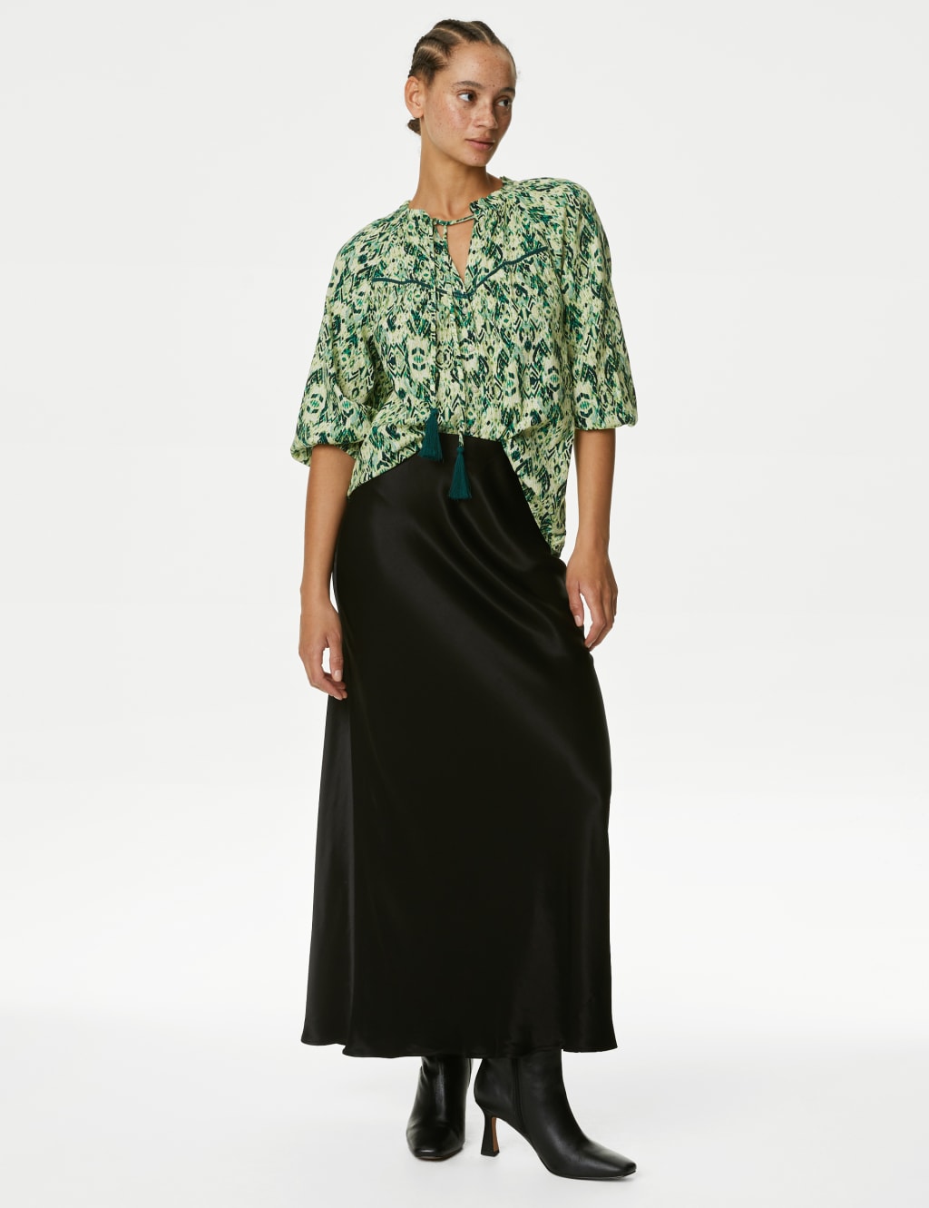 Cotton Rich Printed Tie Neck Blouse image 1