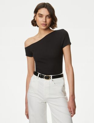 M&S Womens Cotton Rich One Shoulder Top - 8 - Black, Black,Soft White