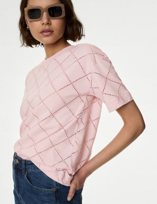 

Womens M&S Collection Cotton Rich Broderie T-Shirt - Pink Shell, Pink Shell