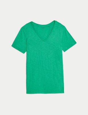 M&S Womens Pure Cotton V-Neck Everyday Fit T-Shirt - 16 - Medium Green, Medium Green,Soft White,Onyx