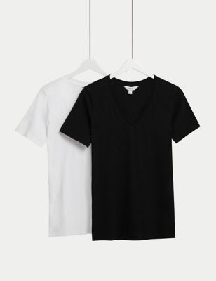 M&S Womens 2pk Pure Cotton V-Neck Relaxed T-Shirts - 6 - Black/White, Black/White