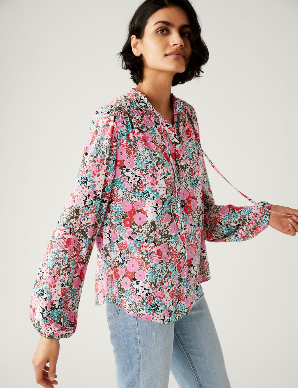 Floral Tie Neck Relaxed Longline Blouse image 1