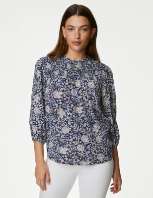 

Womens M&S Collection Floral High Neck Smocked Blouse - Blue Mix, Blue Mix