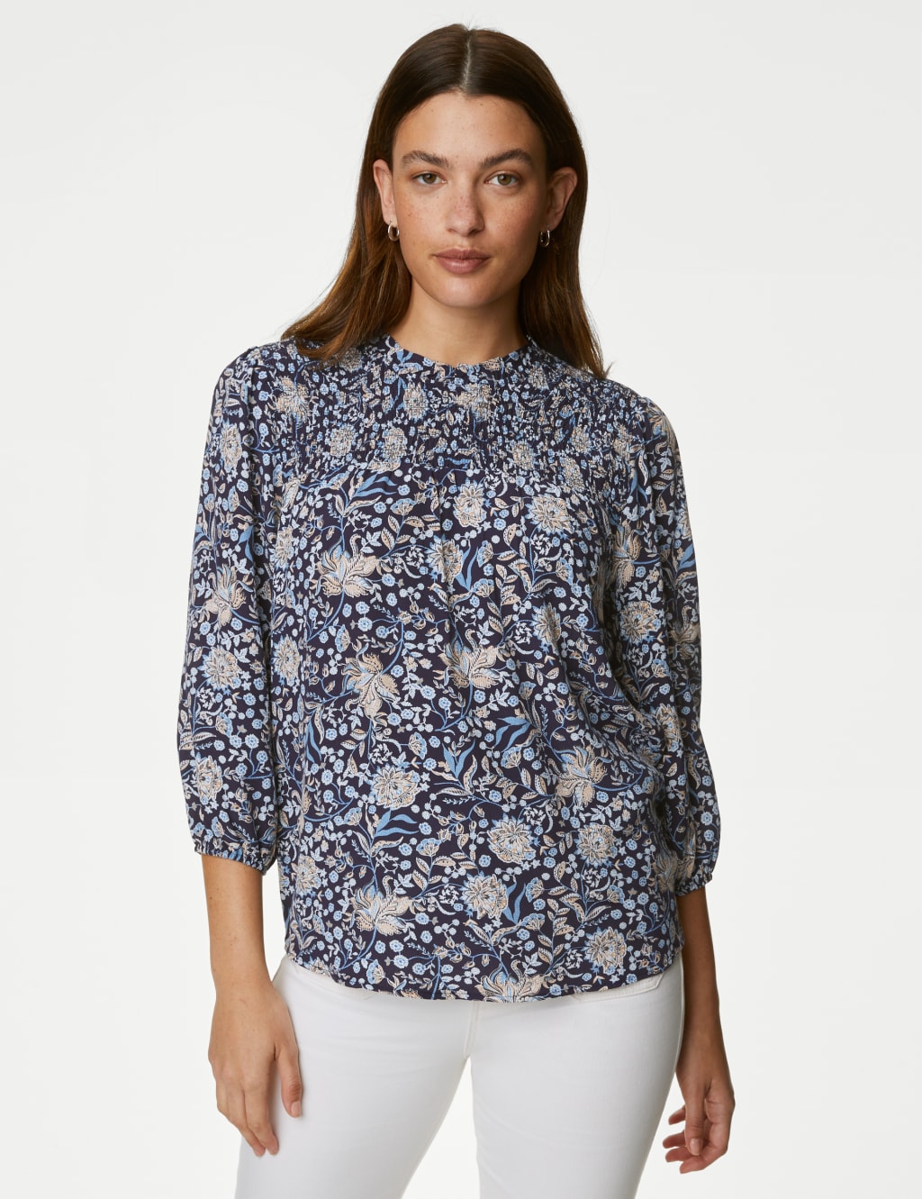 Floral High Neck Smocked Blouse image 1